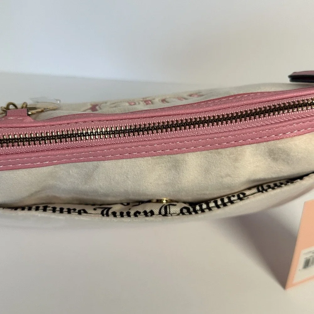 Juicy Couture Velour Shoulder Bag Pink Cream Crown Embroidered Charm NWT Y2K